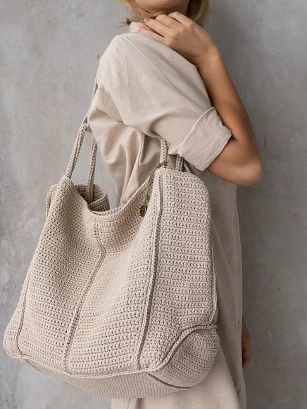 The Sak Los Feliz Ecru Cream Crochet Tote Bag Shoulder Bag